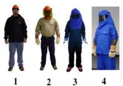 Cuatro trabajadores con EPP de arco de las categorías 1 a 4, desde camisa con clasificación de arco hasta traje completo con capucha
