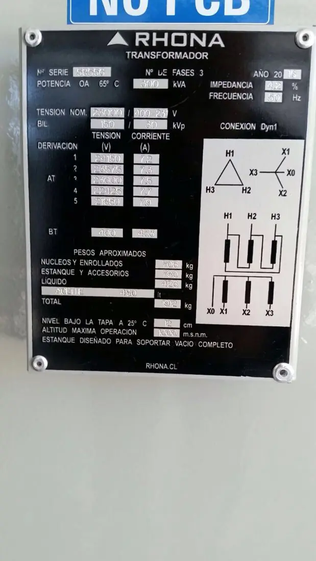 Placa de características del transformador