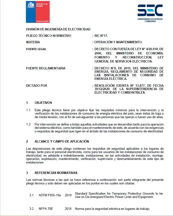 Primera página del pliego técnico RIC N°17 de la SEC, Operación y mantenimiento